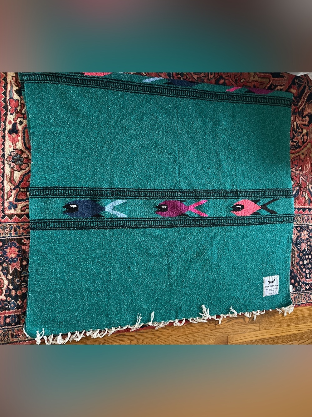 Trek Light Gear Mexican Baja Yoga Blanket Teal Fish Pattern Fringe Throw 80x44